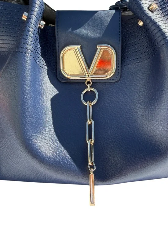 Women’s Navy Leather Tote with Gold Accent - Picture 3 of 12